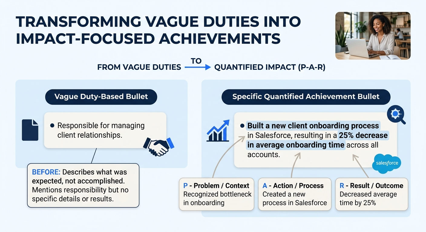 a before-and-after resume bullet point comparison showing a vague duty-based bullet on the left transforming into a specific quantified PAR-format achievement bullet on the right, with visual annotati