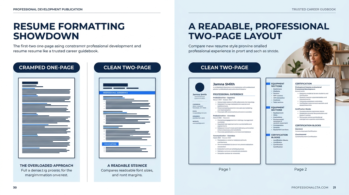 Side-by-side comparison of a cramped one-page production resume with tiny fonts and narrow margins versus a clean two-page resume with readable formatting, equipment sections, and certification blocks