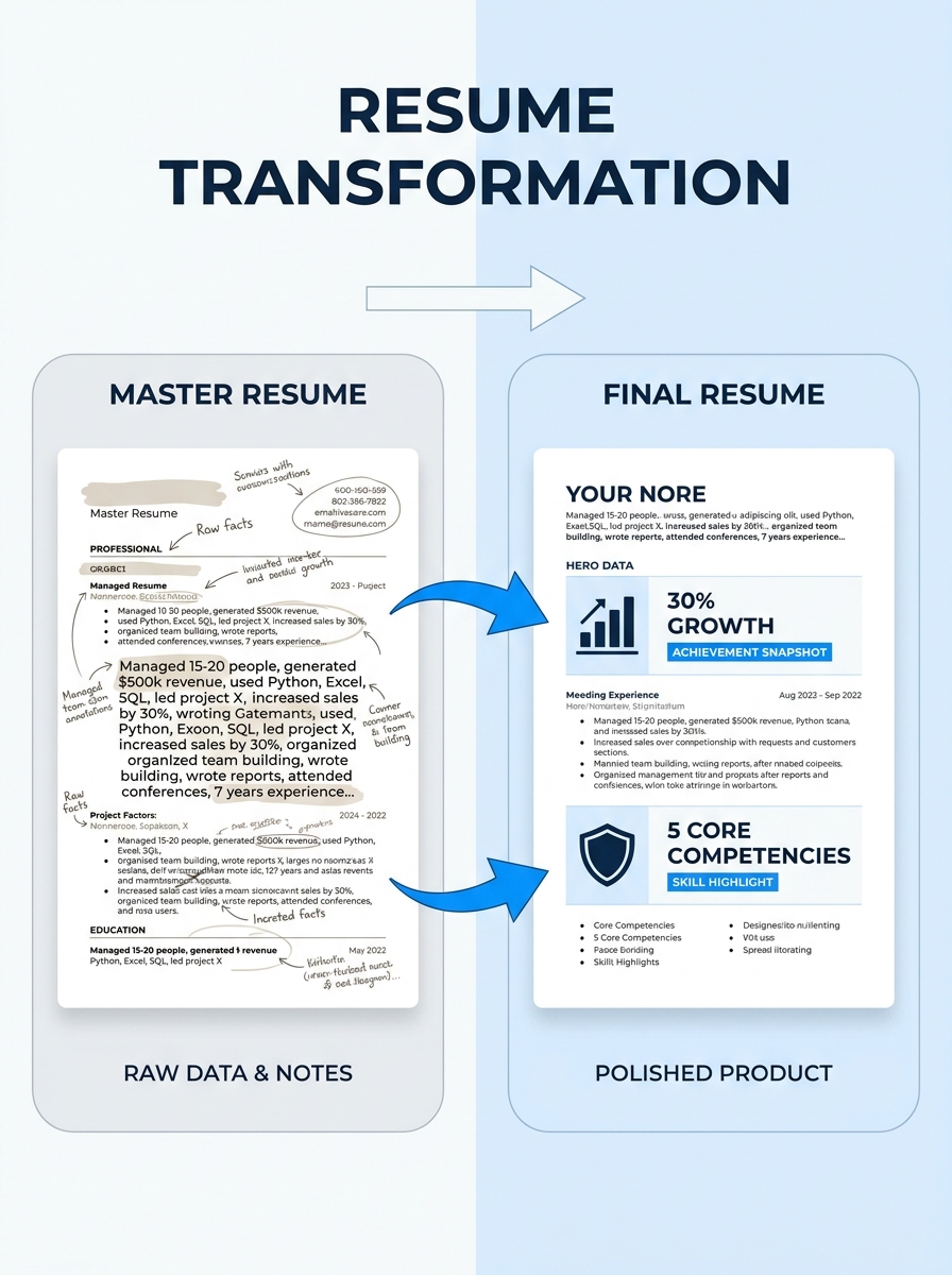 A split-screen illustration showing a messy, detailed master resume document on the left side with handwritten notes and specific metrics, and a clean polished final resume on the right, with arrows s
