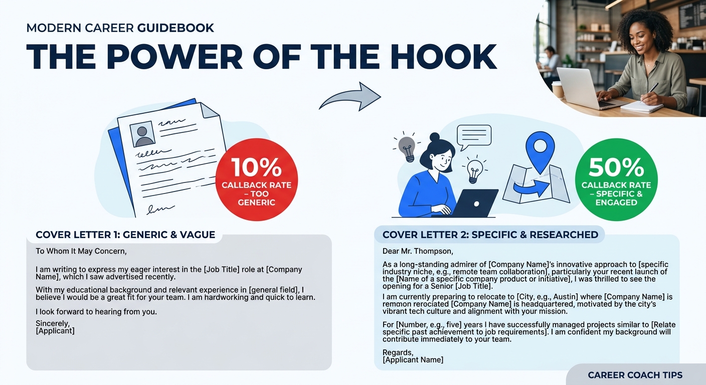 A side-by-side comparison of two cover letter opening paragraphs, one generic and vague on the left labeled with a red 10% callback badge, and one specific with relocation details and company research