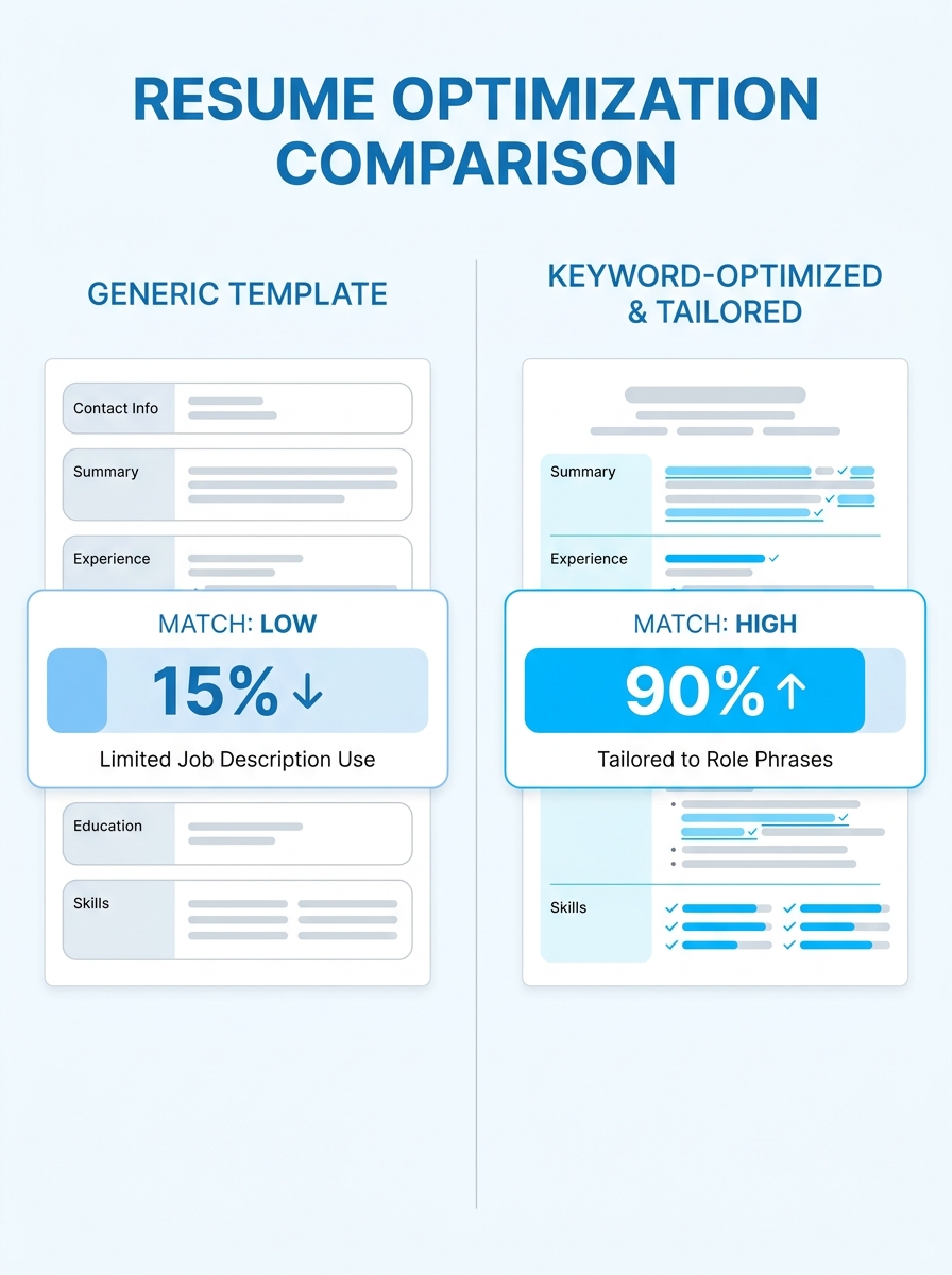 Split-screen comparison showing a generic resume template on the left and a keyword-optimized, role-tailored resume on the right, highlighting matched job description phrases