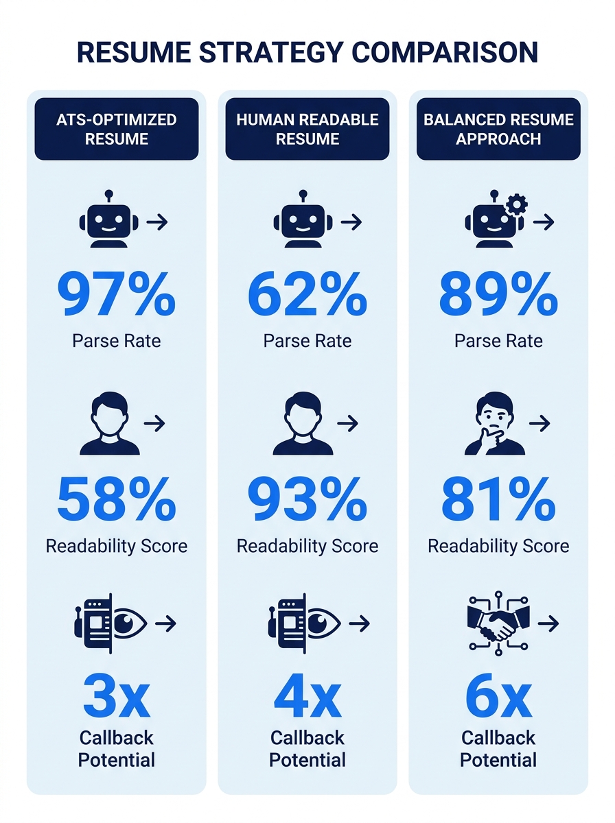 Infographic comparing three resume strategies side by side, showing ATS parse rates, hiring manager readability scores, and interview callback potential for each approach, with icons representing a ro