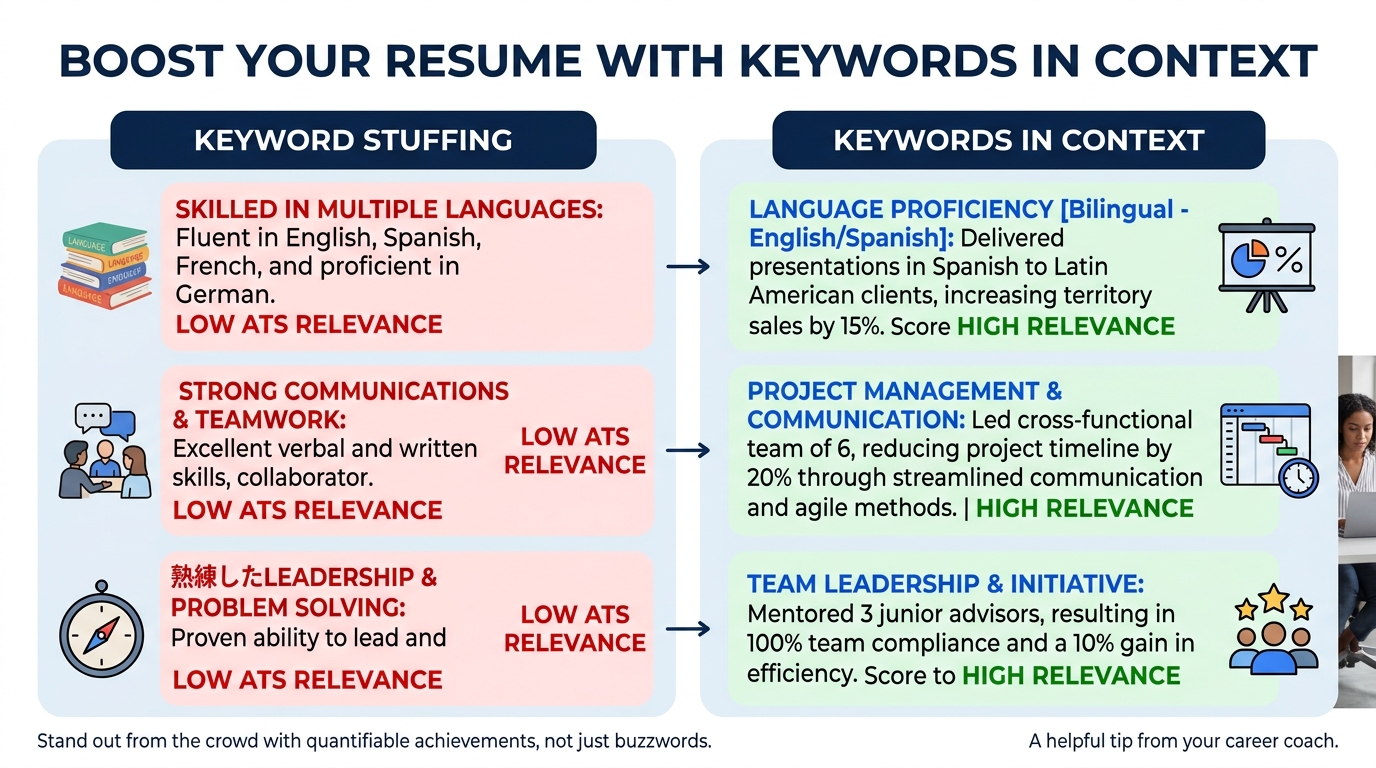 An infographic with two columns comparing resume bullet points — the left column labeled 'Keyword Stuffing' shows three generic skill claims highlighted in red with low ATS relevance scores, and the r
