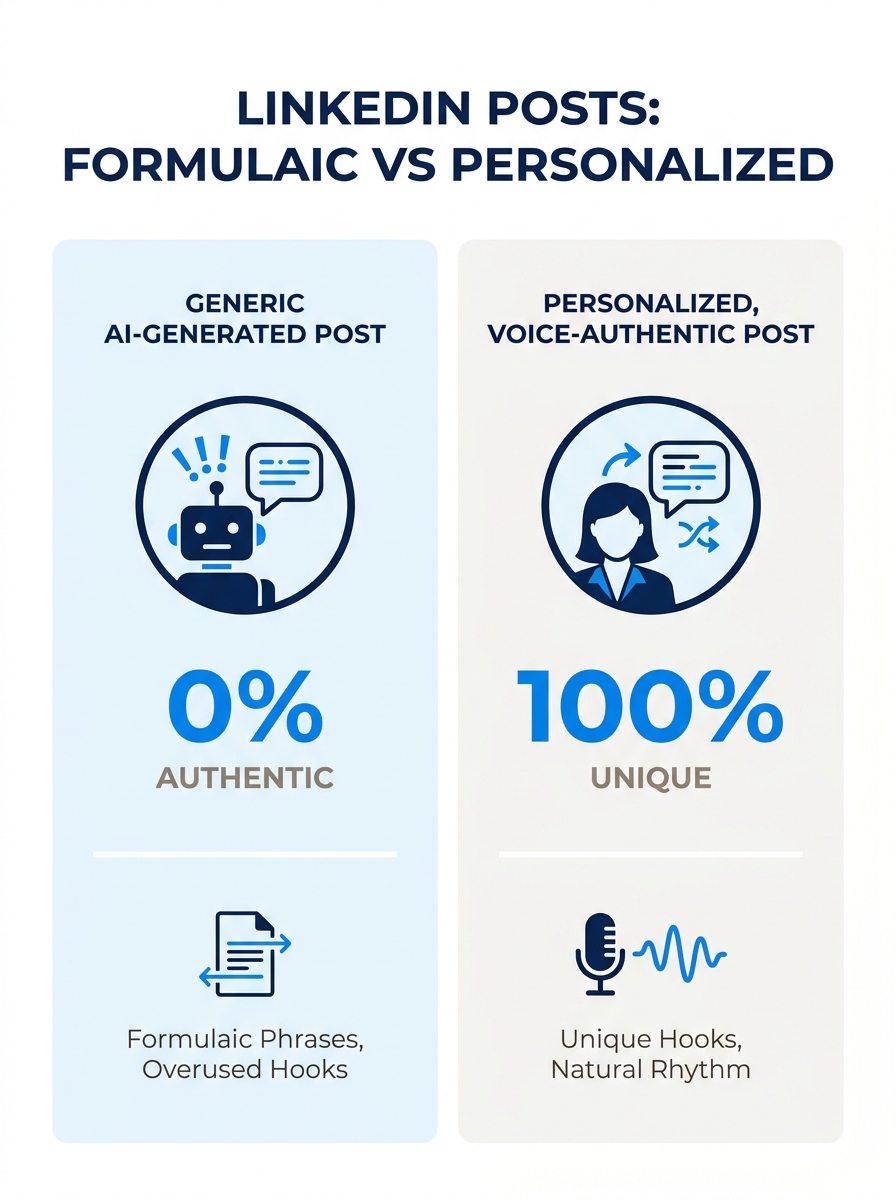 Split-screen comparison showing a generic AI-generated LinkedIn post with common formulaic phrases on the left versus a personalized, voice-authentic post with unique hooks and natural rhythm on the r