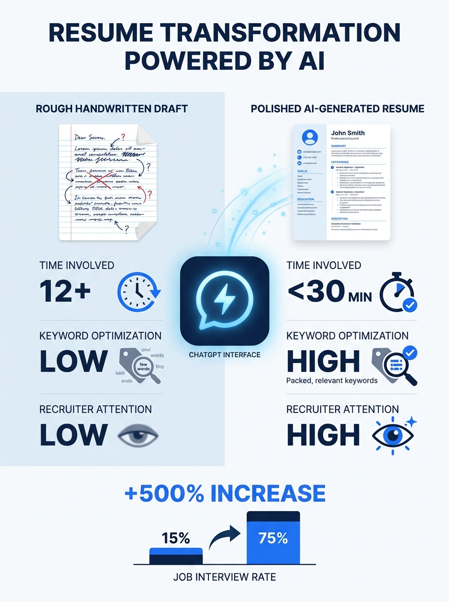 A split-screen showing a rough, handwritten resume draft on the left transforming into a polished, AI-generated resume on the right, with a glowing ChatGPT interface in the center