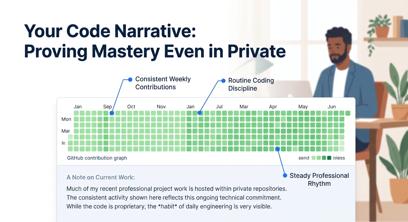 A clean GitHub contribution graph showing steady weekly commits over 6 months with callout labels pointing to consistent activity and a profile README note explaining that recent professional work is