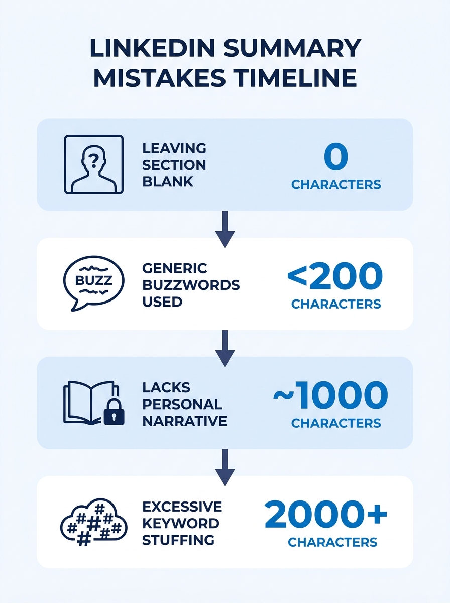 infographic showing 6 LinkedIn summary mistakes in a timeline format, from leaving the section blank to keyword stuffing, with visual icons for each phase and character count data points
