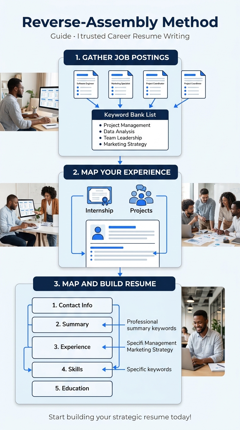an infographic showing the three stages of the Reverse-Assembly Method as a vertical flowchart - Stage 1 showing 3-5 job postings feeding into a keyword bank list, Stage 2 showing the keyword bank bei