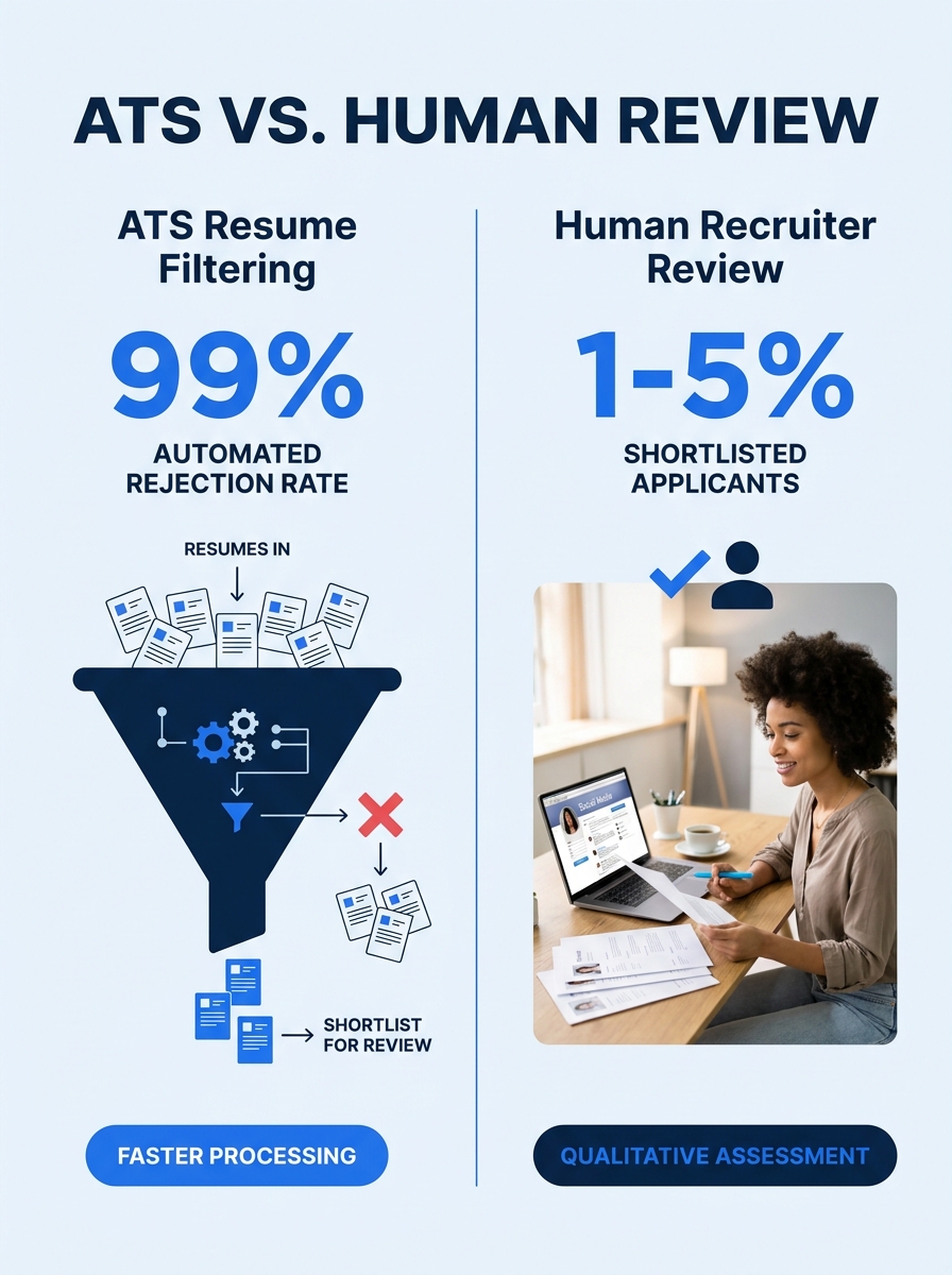 Split screen showing an ATS interface filtering resume keywords on left, human recruiter reviewing shortlisted resumes on right