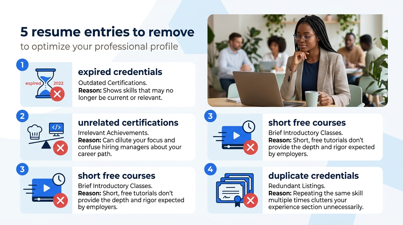 A checklist-style visual showing four categories of resume entries to remove - expired credentials, unrelated certifications, short free courses, and duplicate credentials - each with a red X mark and