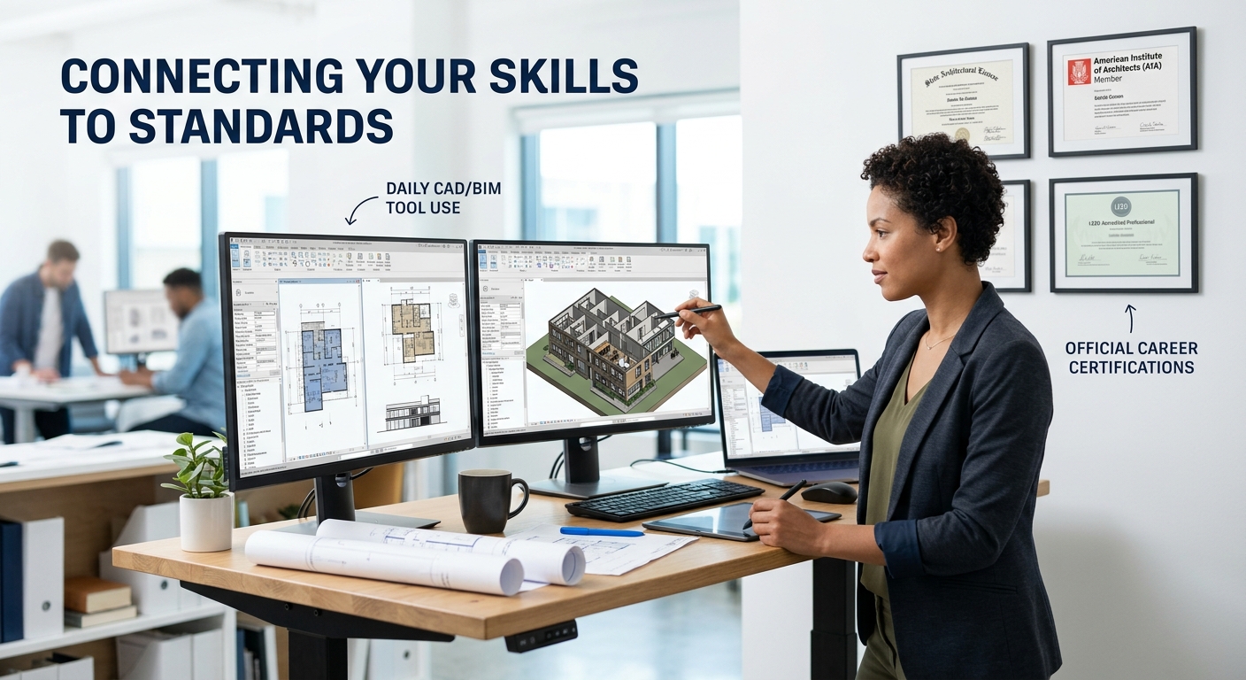 a professional architect working at a desk with multiple monitors showing Revit, alongside physical credential certificates on the wall, illustrating the relationship between daily tool use and formal