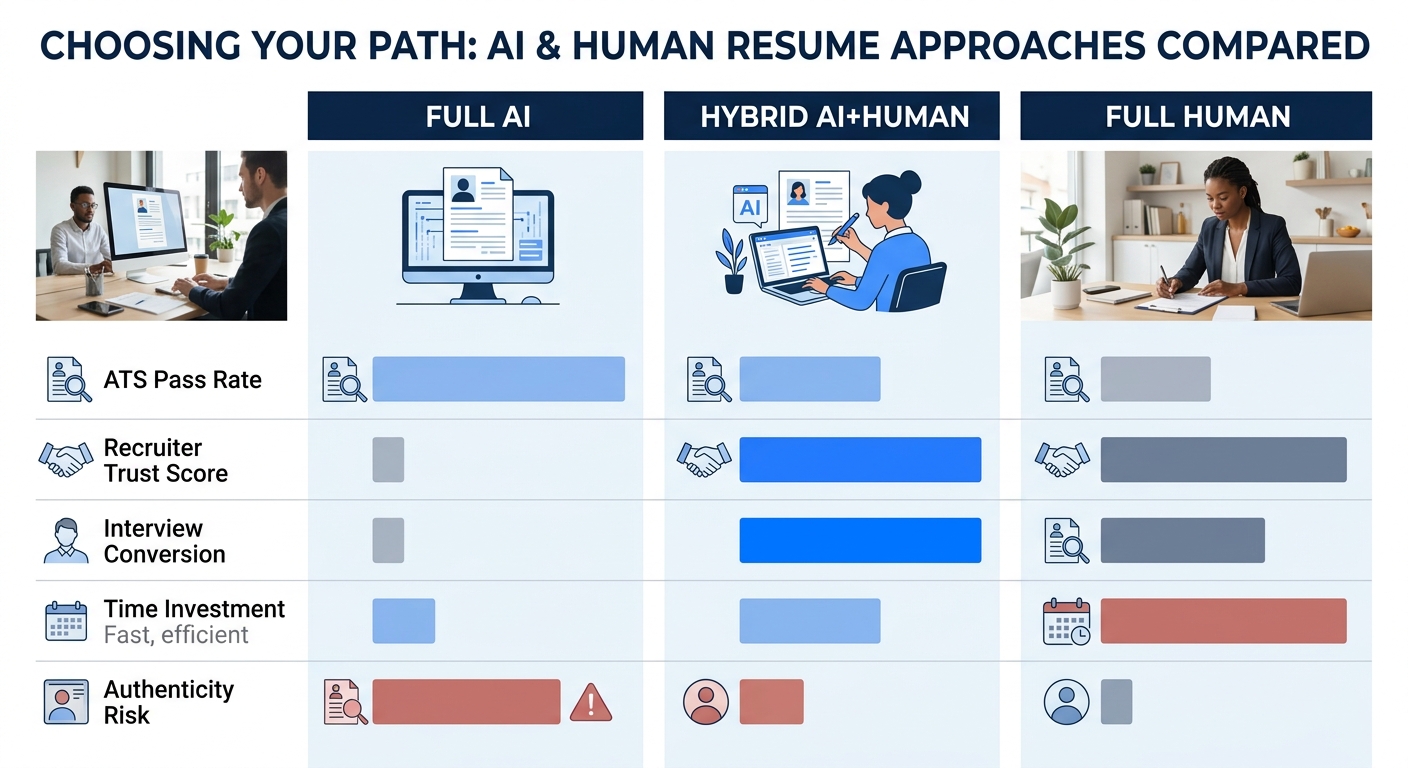 An infographic showing three columns comparing "Full AI," "Hybrid AI+Human," and "Full Human" resume approaches across five metrics: ATS Pass Rate, Recruiter Trust Score, Interview Conversion, Time In
