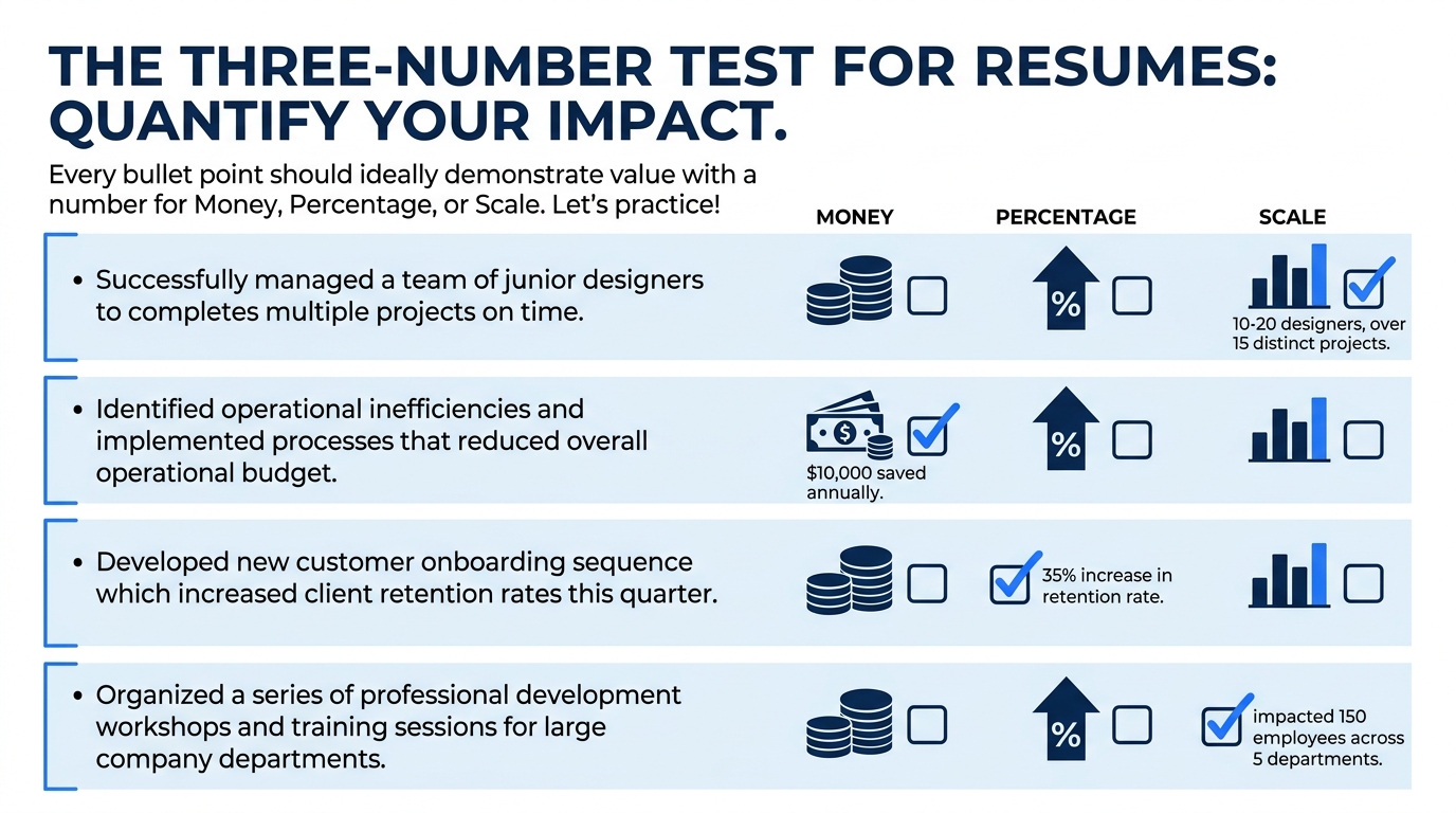 A worksheet-style visual showing the Three-Number Test applied to four sample resume bullets, with checkmarks under columns labeled Money, Percentage, and Scale for each bullet