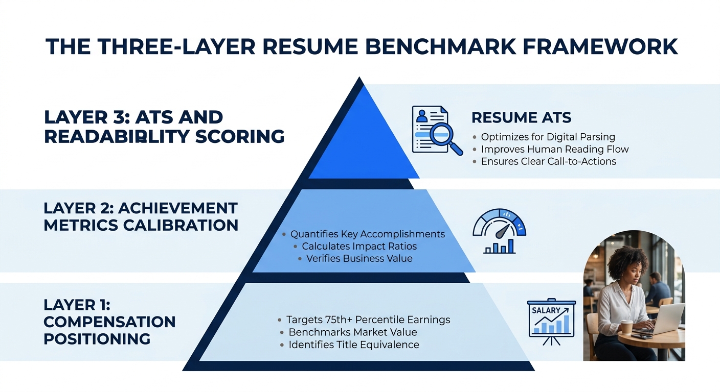 A three-layered pyramid diagram showing the Three-Layer Resume Benchmark Framework, with Layer 1 Compensation Positioning at the base, Layer 2 Achievement Metrics Calibration in the middle, and Layer