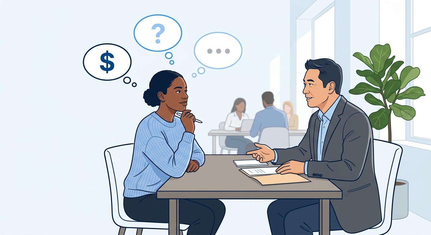 illustration of a job candidate sitting across from a hiring manager at a desk, with thought bubbles showing three internal response options - a dollar sign for countering, a question mark for redirec