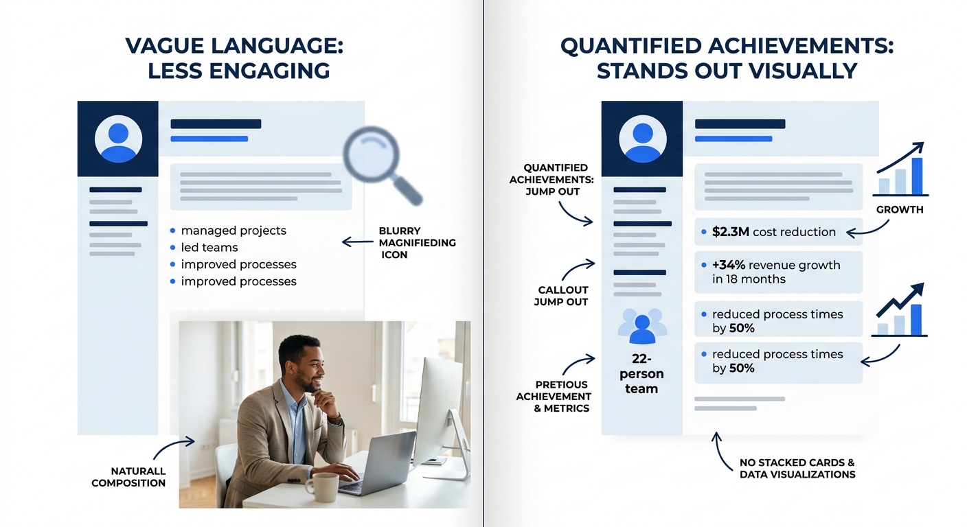 A side-by-side comparison of two resume summary sections - one with vague language like "managed projects" and one with specific metrics like "$2.3M cost reduction, 22-person team" - showing how quant