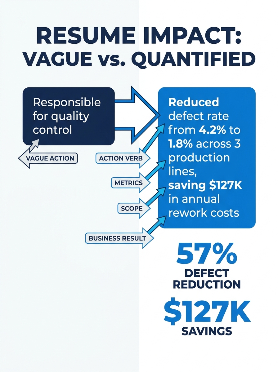 An infographic comparing a vague production resume bullet on the left ("Responsible for quality control") with a quantified version on the right ("Reduced defect rate from 4.2% to 1.8% across 3 produc