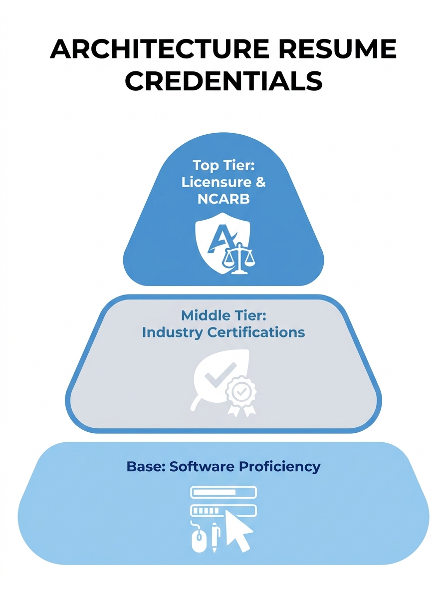 infographic showing a three-tier pyramid for architecture resume credential placement, with licensure and NCARB at the top, industry certifications like LEED and WELL in the middle, and software tools