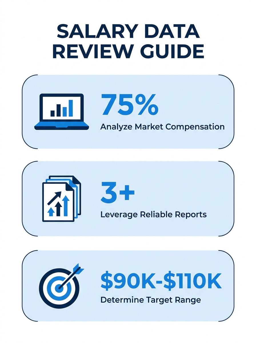 professional reviewing salary data on laptop with market research documents
