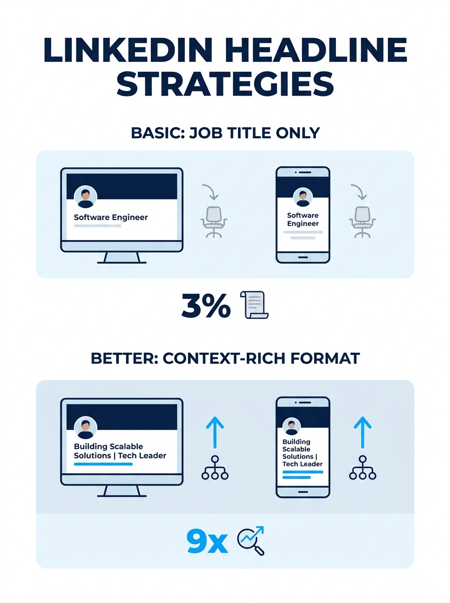 LinkedIn profile headline examples showing job-title-only versus context-rich formats side by side on desktop and mobile views