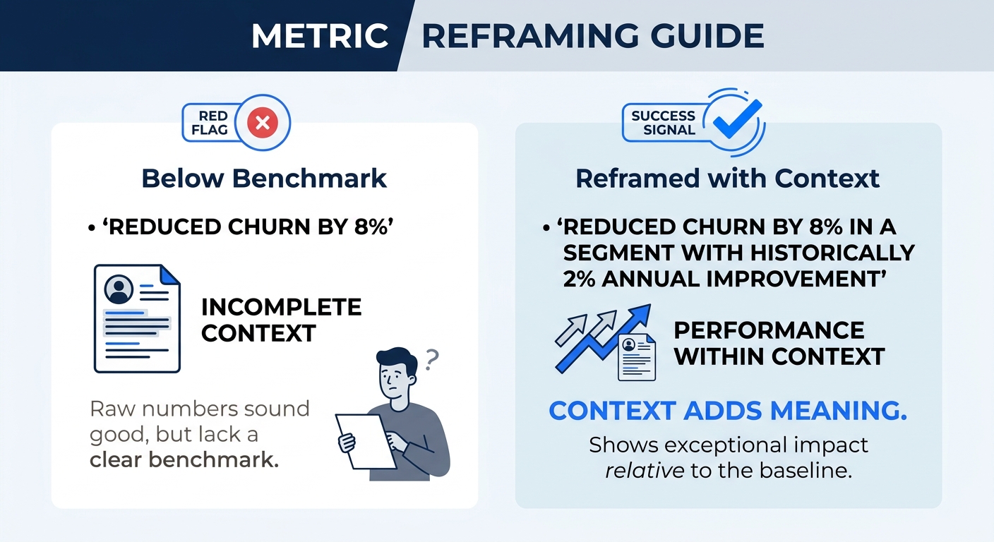 A side-by-side comparison showing two resume bullet points - one with a raw metric ("Reduced churn by 8%") marked as below benchmark, and one reframed with context ("Reduced churn by 8% in a segment w