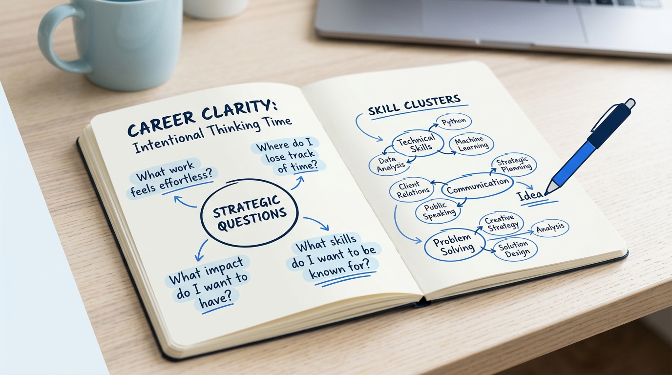 A notebook with handwritten career questions and skill clusters, representing structured reflection during intentional thinking time