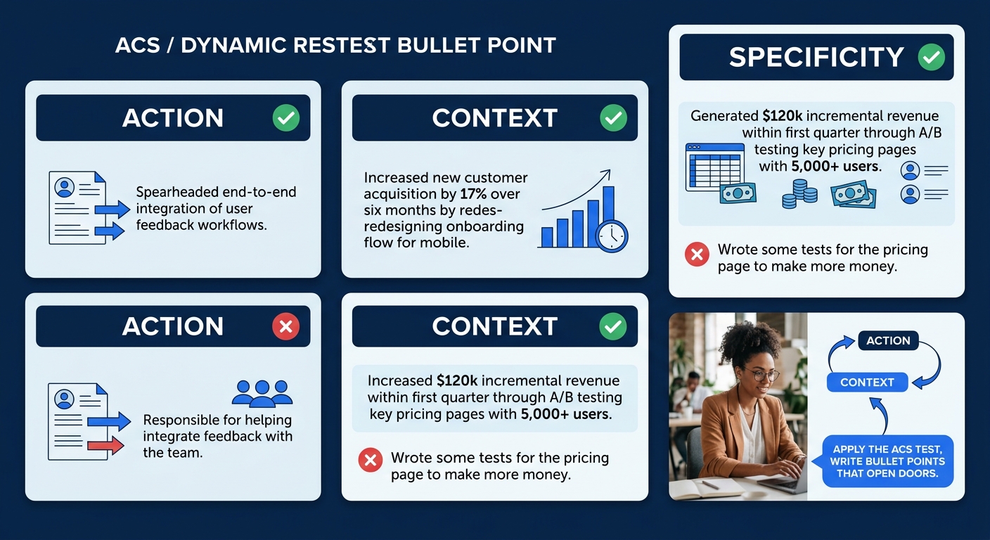 Infographic showing the ACS test framework with three labeled columns for Action, Context, and Specificity, each containing a pass and fail example of a resume bullet point, using green checkmarks and