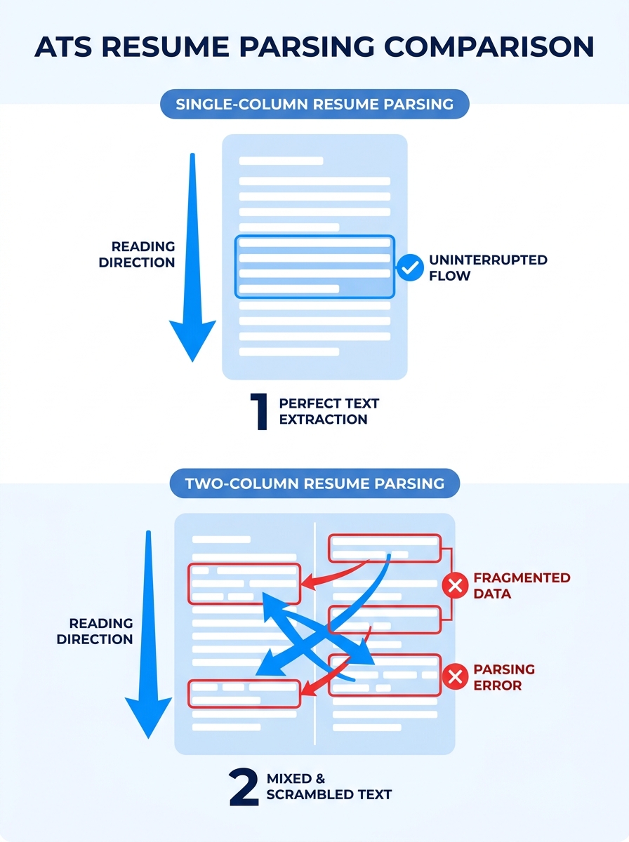 Infographic showing a side-by-side comparison of how an ATS parser reads a single-column resume with clean linear text extraction versus a two-column resume with scrambled mixed text fragments, with a