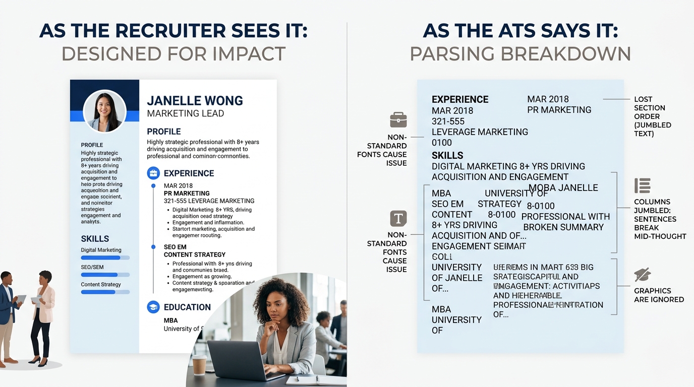 A side-by-side comparison showing how a visually designed resume with columns and graphics appears to a human reader on the left versus how it appears after ATS parsing on the right — with scrambled t