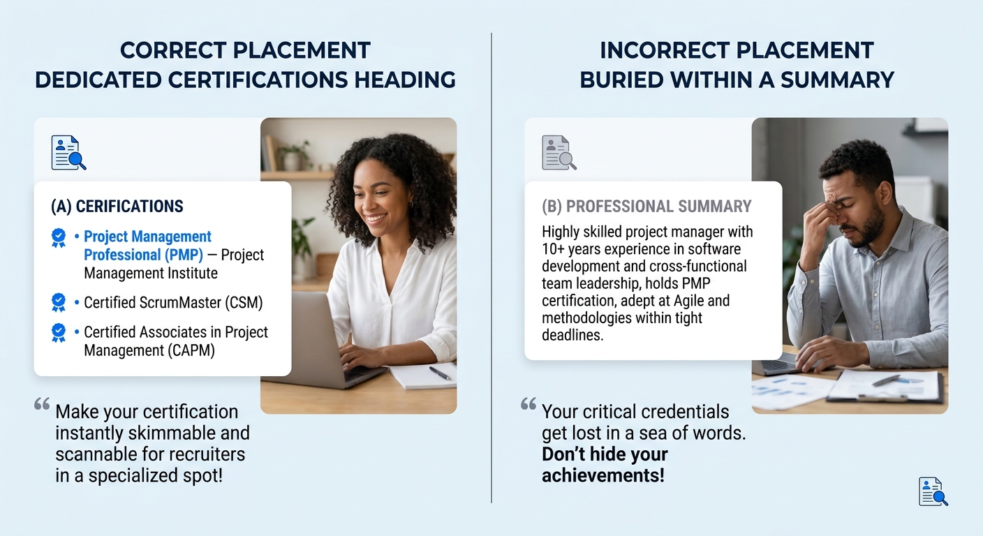Side-by-side comparison of two resume sections showing correct placement of a PMP certification under a dedicated Certifications heading versus incorrect placement buried within a Professional Summary