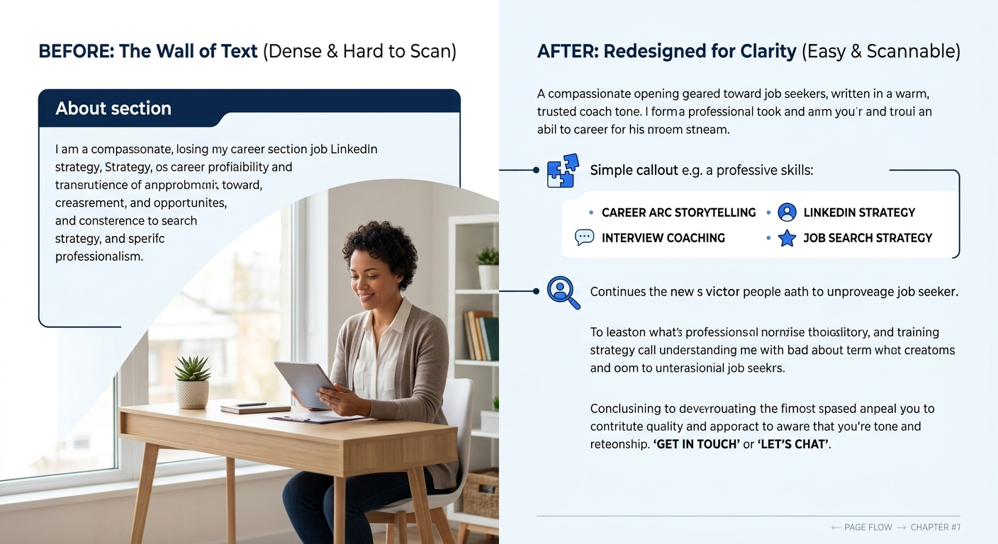 a LinkedIn About section reformatted from a dense wall of text into 3 short paragraphs with line breaks and a mid-section skills list, showing improved visual scannability