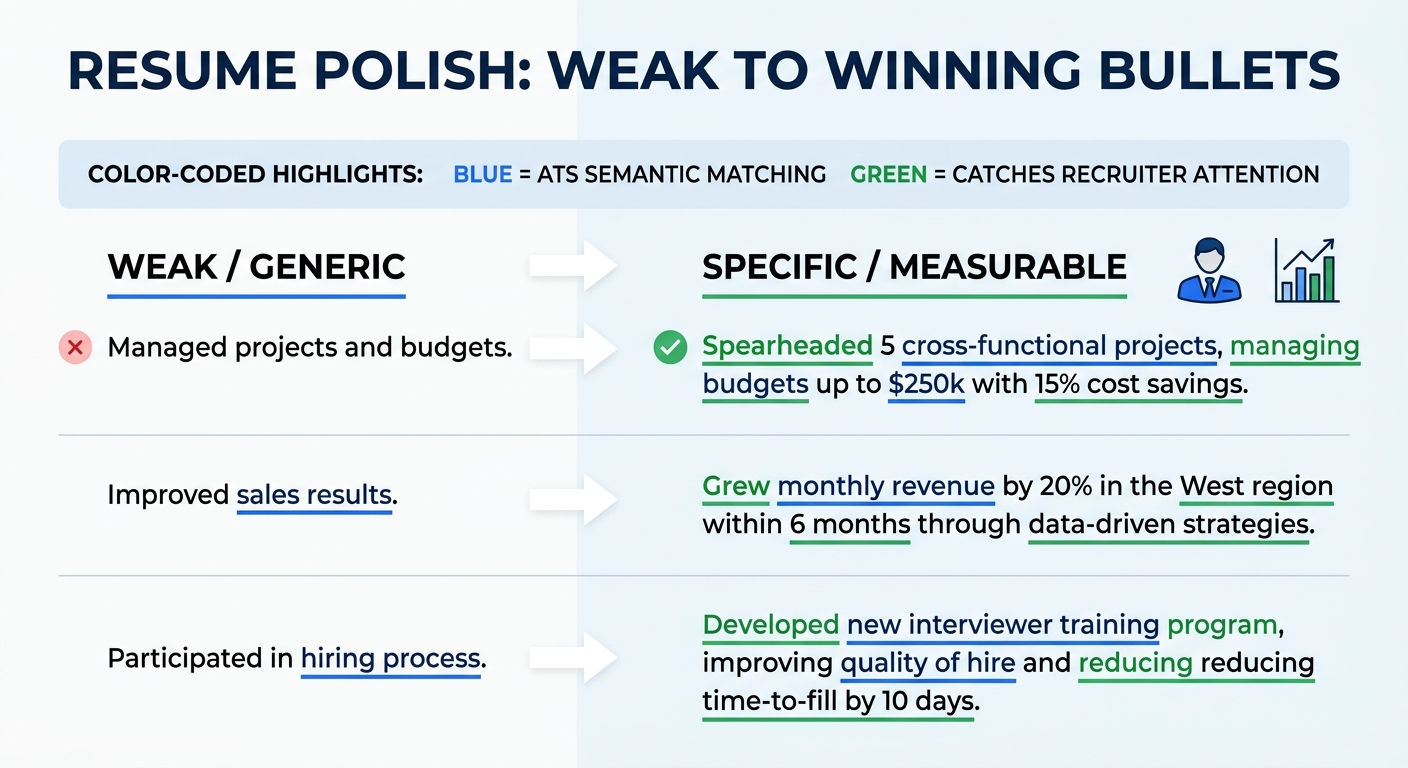 Before-and-after comparison of three resume bullet points showing weak generic versions on the left transformed into specific, measurable versions on the right, with color-coded annotations highlighti