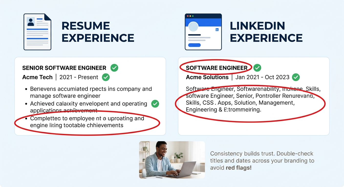 A side-by-side mockup of a resume work experience section and a LinkedIn experience section for the same role, with consistent elements highlighted in green checkmarks and mismatched job titles and de