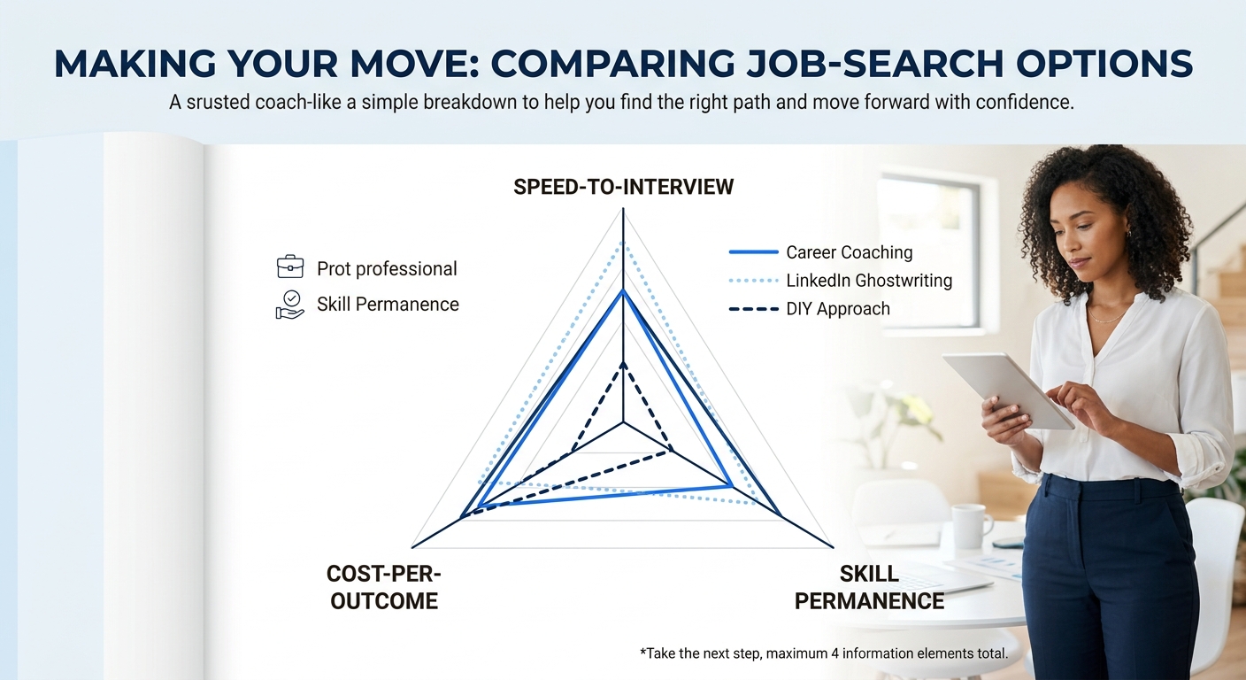 a simple three-axis radar chart comparing career coaching, LinkedIn ghostwriting, and DIY approaches across speed-to-interview, cost-per-outcome, and skill permanence dimensions