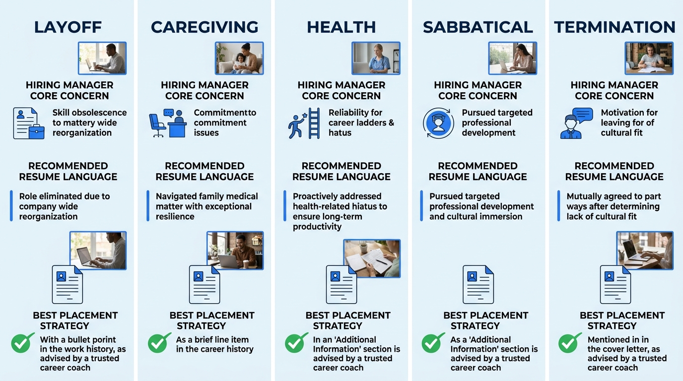 Infographic showing five common resume gap types (layoff, caregiving, health, sabbatical, termination) in five columns, each with the hiring manager's core concern at top, recommended resume language