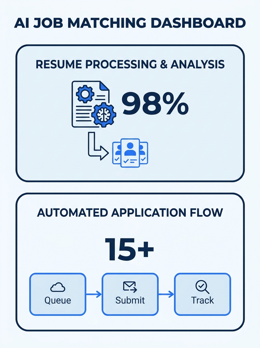 Split-screen dashboard showing AI job matching interface with resume upload on left and automated application queue on right