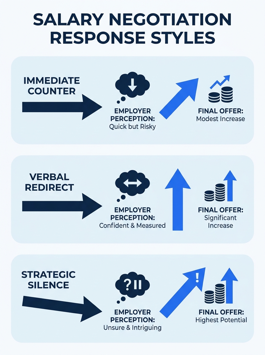 comparison chart showing three salary negotiation response styles - immediate counter, verbal redirect, and strategic silence - with arrows indicating how each affects employer perception and final of