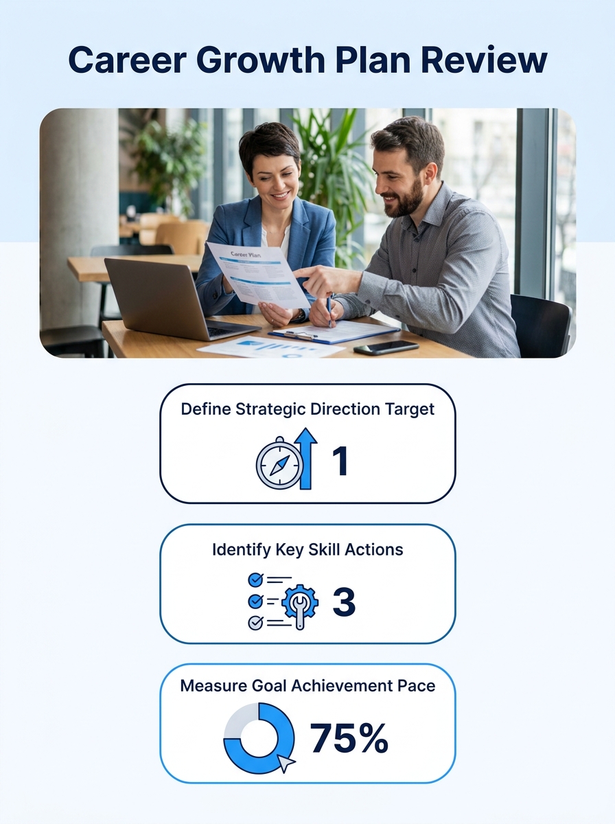 Career coach reviewing professional development plan with client at desk