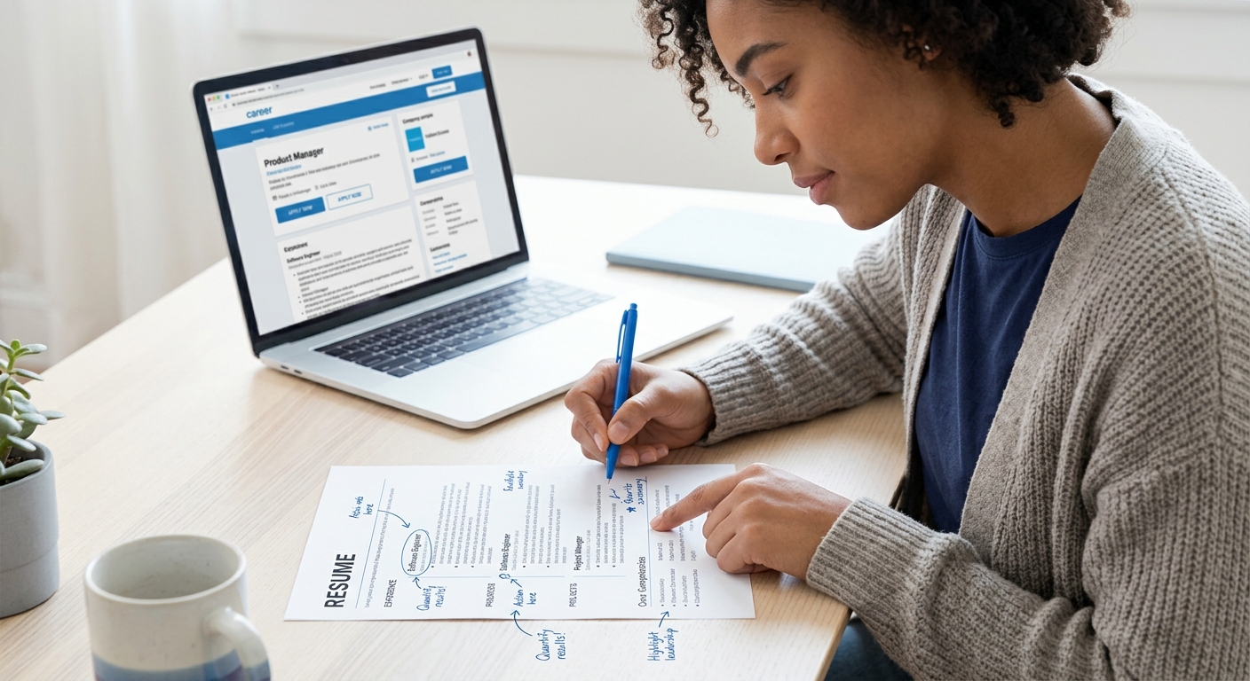 A person sitting at a desk reviewing a printed resume with handwritten margin notes, a laptop showing a job listing in the background, conveying the careful human editing process of resume refinement