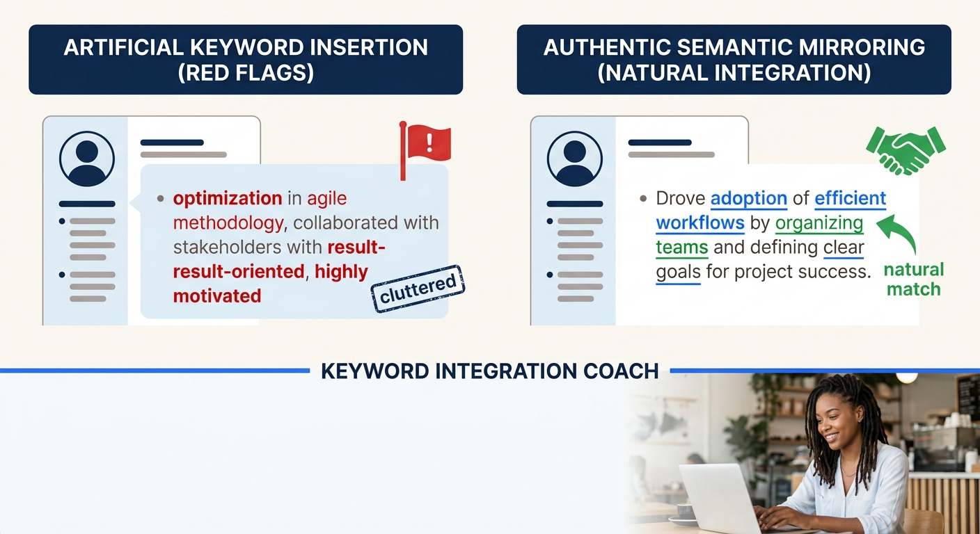 side-by-side comparison of two resume bullet points for the same role, one showing artificial keyword insertion with highlighted red flags, and the other showing authentic semantic mirroring with natu