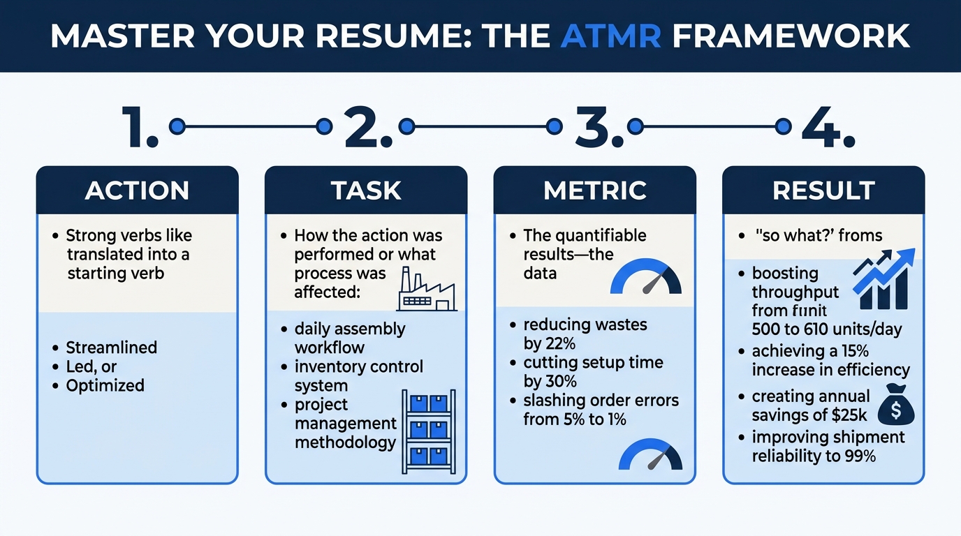 A visual diagram showing the ATMR framework (Action-Task-Metric-Result) with four connected boxes, each containing a manufacturing resume example broken into its four labeled components, demonstrating