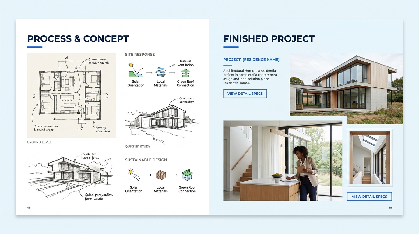 A clean, modern two-page architecture portfolio spread showing a built residential project with hand-drawn concept sketches on the left page and professional photography of the finished building on th