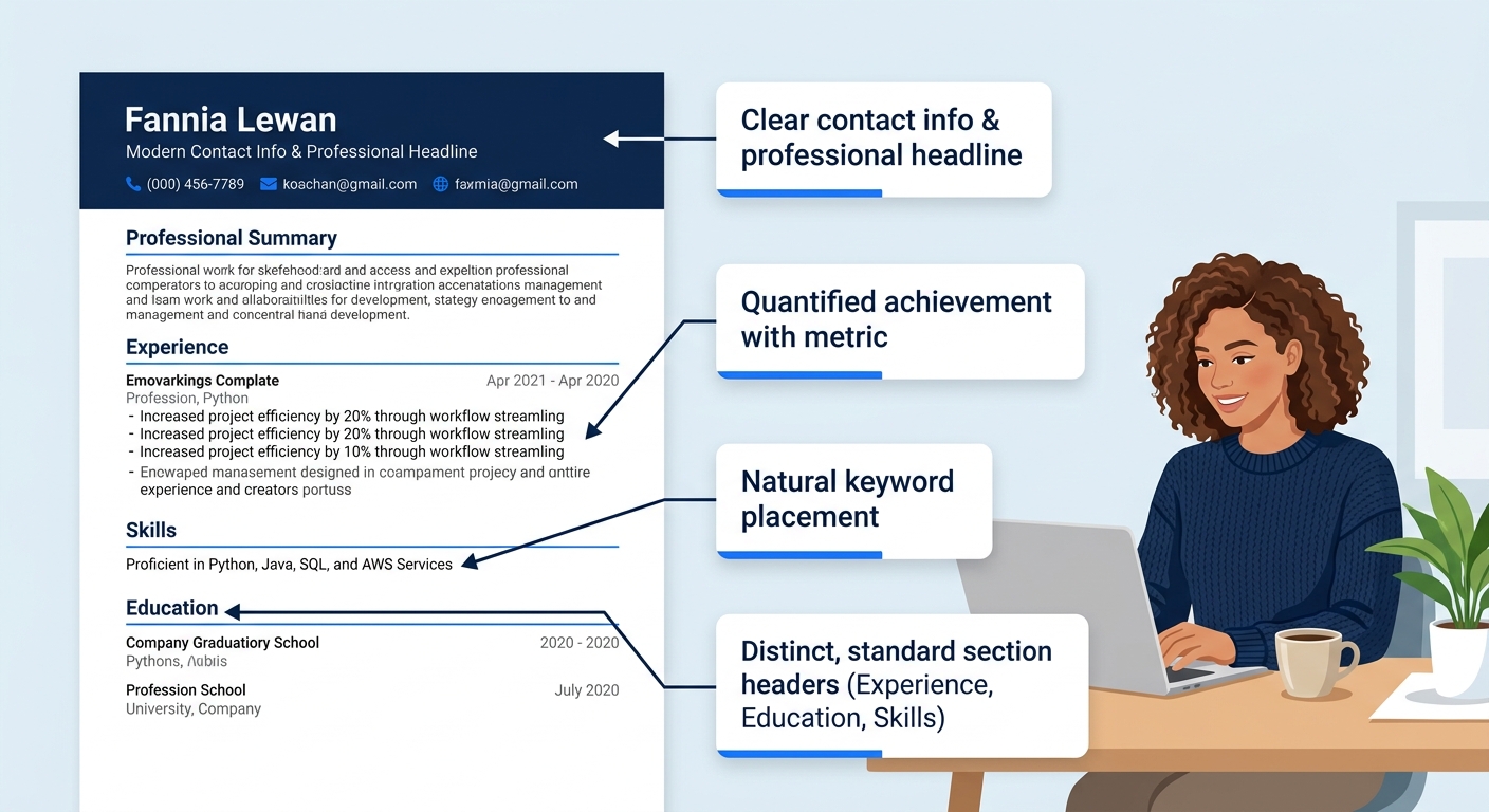 A clean, well-formatted resume example showing proper white space, standard section headers, quantified achievement bullets, and natural keyword placement with annotations pointing out each element
