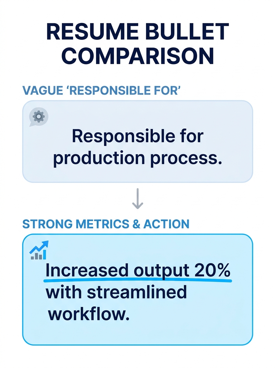 Side-by-side comparison of a vague production resume bullet using "Responsible for" language versus a rewritten version with specific metrics, action verbs, and measurable outcomes