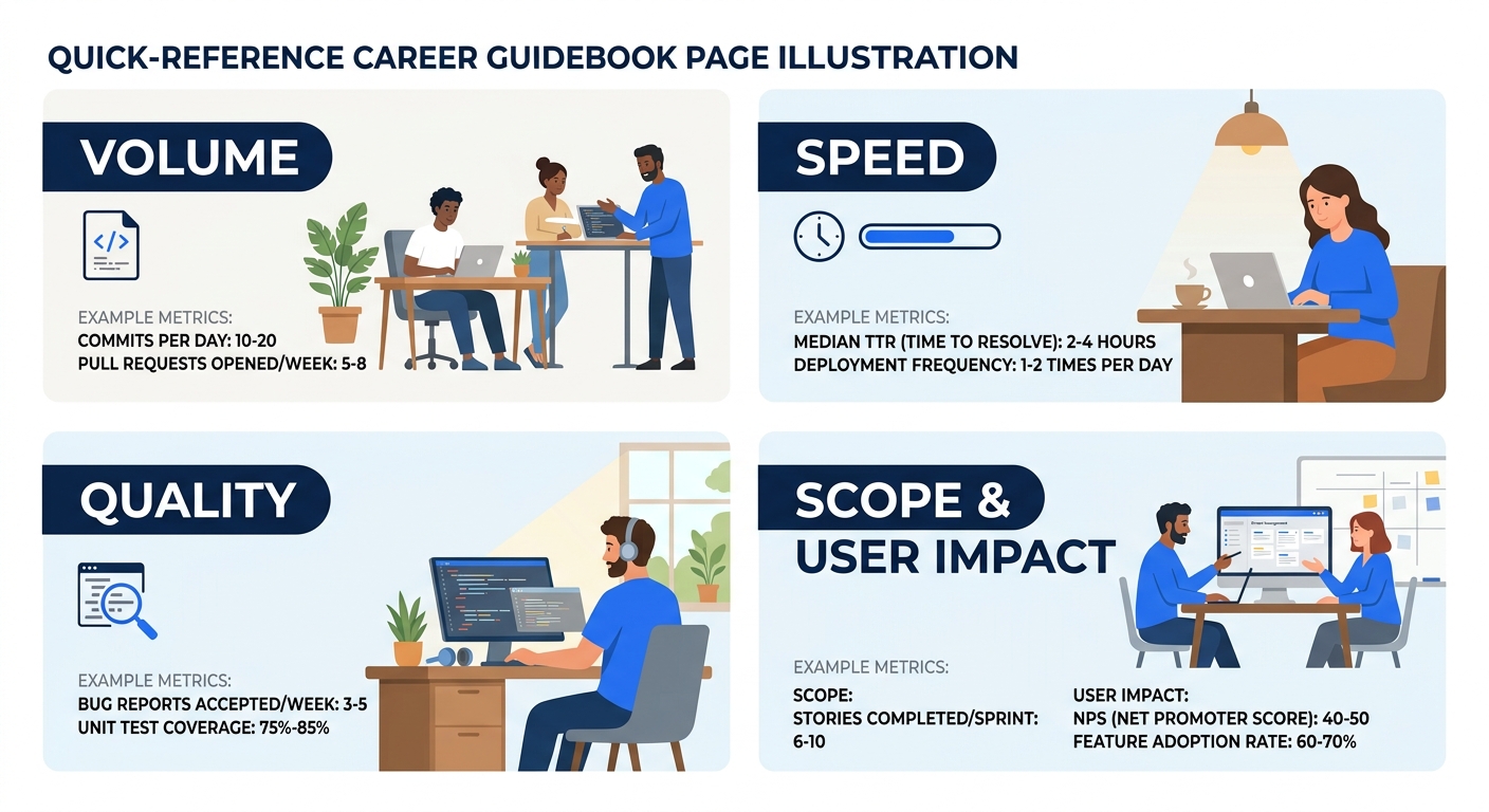 a visual grid showing the five categories of developer metrics (volume, speed, quality, scope, user impact) with two to three example numbers in each category, designed as a quick-reference card for j