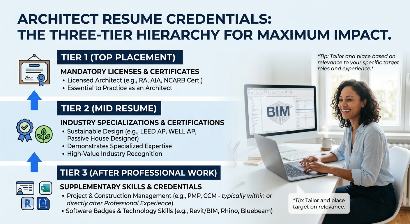 An infographic showing the three-tier credential hierarchy for architecture resumes - Tier 1 at top showing mandatory licenses (RA, NCARB Certificate), Tier 2 in the middle showing industry certificat