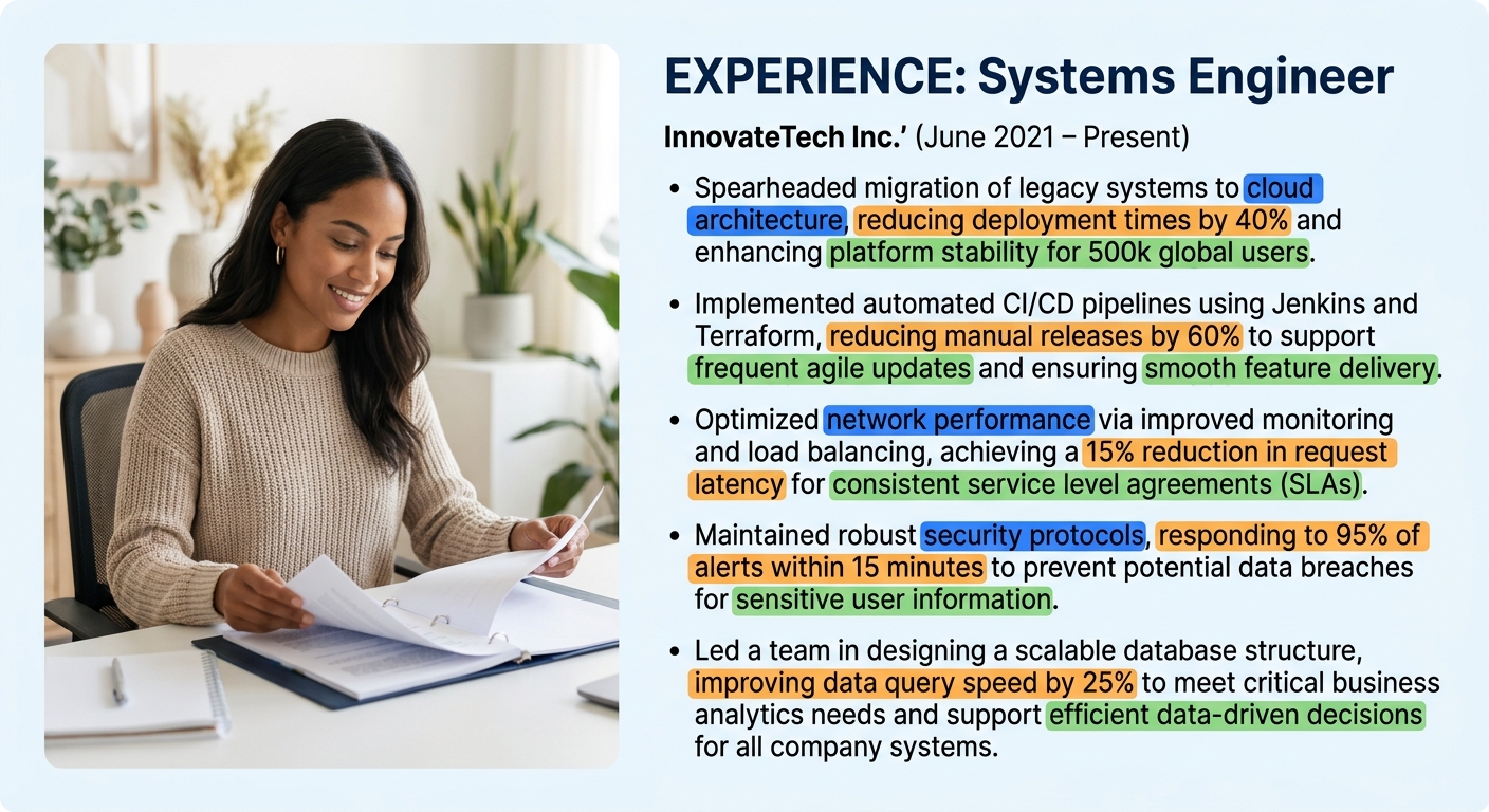 A resume experience section mockup showing 5 bullet points for a Systems Engineer role, each bullet highlighted with color-coded annotations marking the scope element in blue, speed element in orange,