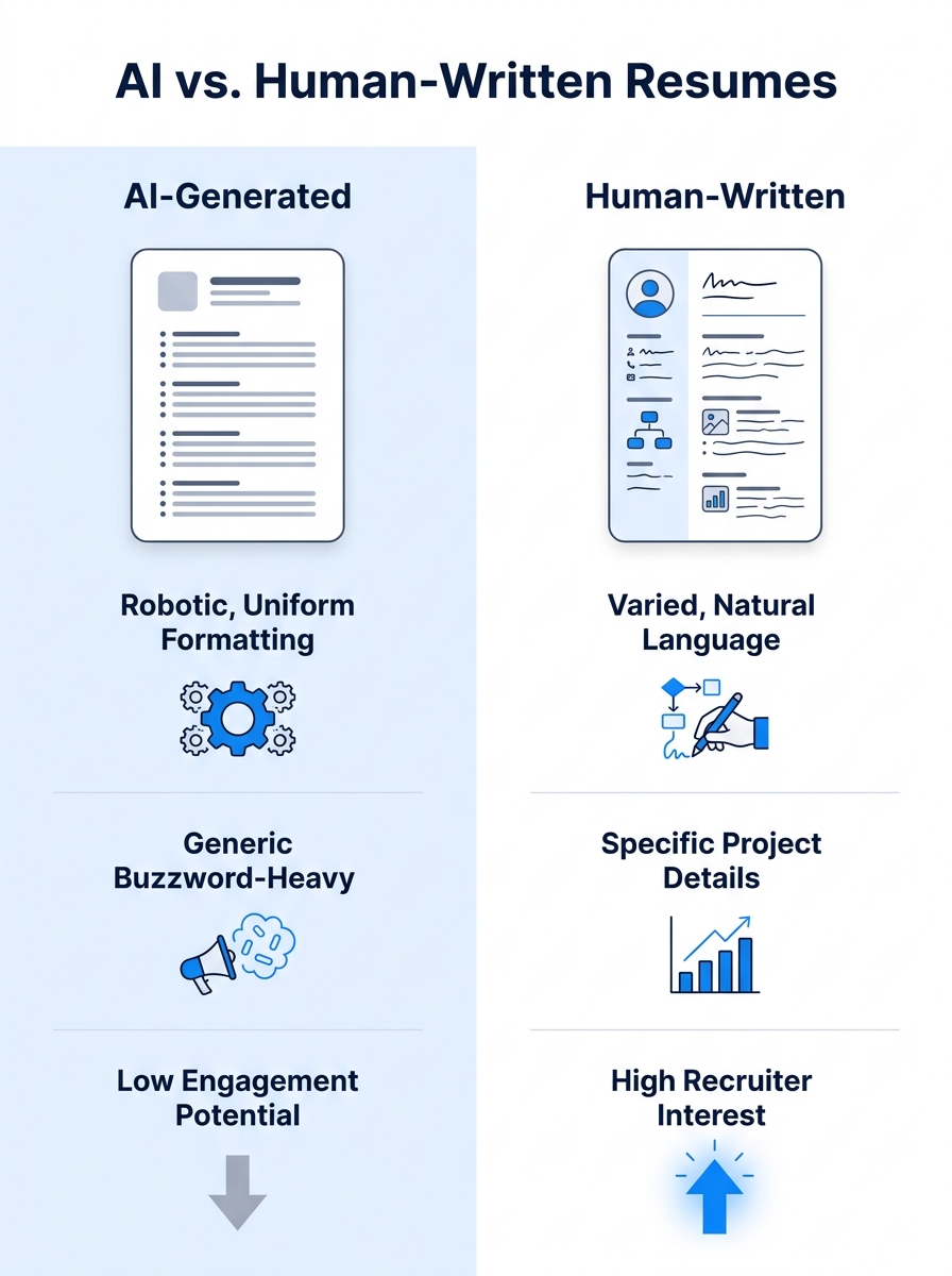 A split-screen comparison showing two resumes side by side — one with robotic, uniform formatting and generic buzzword-heavy bullet points labeled "AI-Generated," and one with varied, natural language