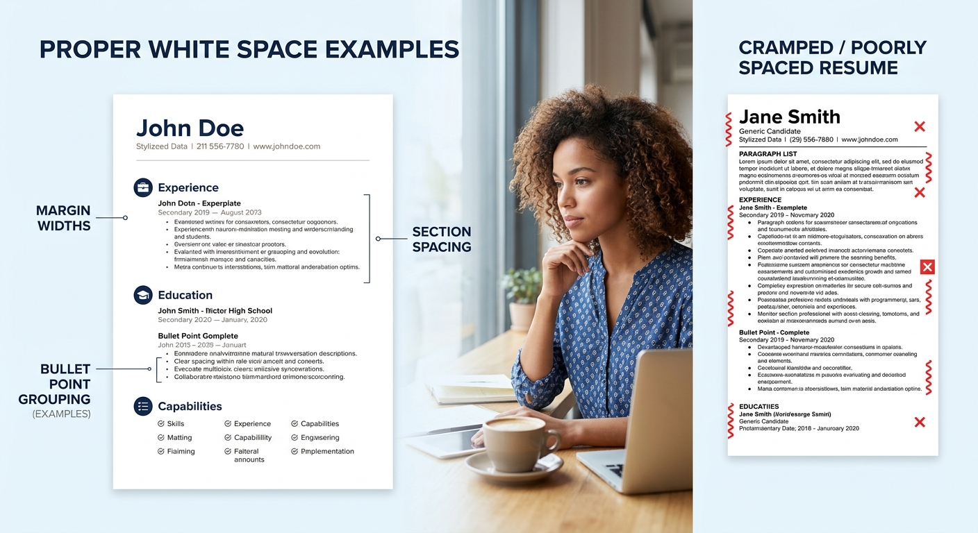 A clean resume example with labeled annotations pointing to specific white space elements including section spacing, bullet point grouping, and margin widths, shown next to a cramped poorly-spaced res