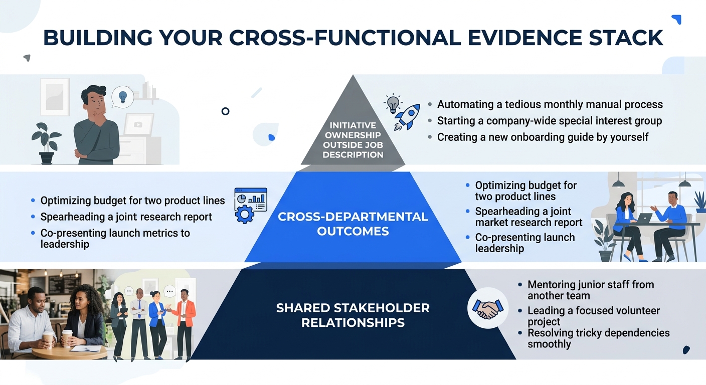 a layered pyramid diagram showing the three layers of a Cross-Functional Evidence Stack - shared stakeholder relationships at the base, cross-departmental outcomes in the middle, and initiative owners